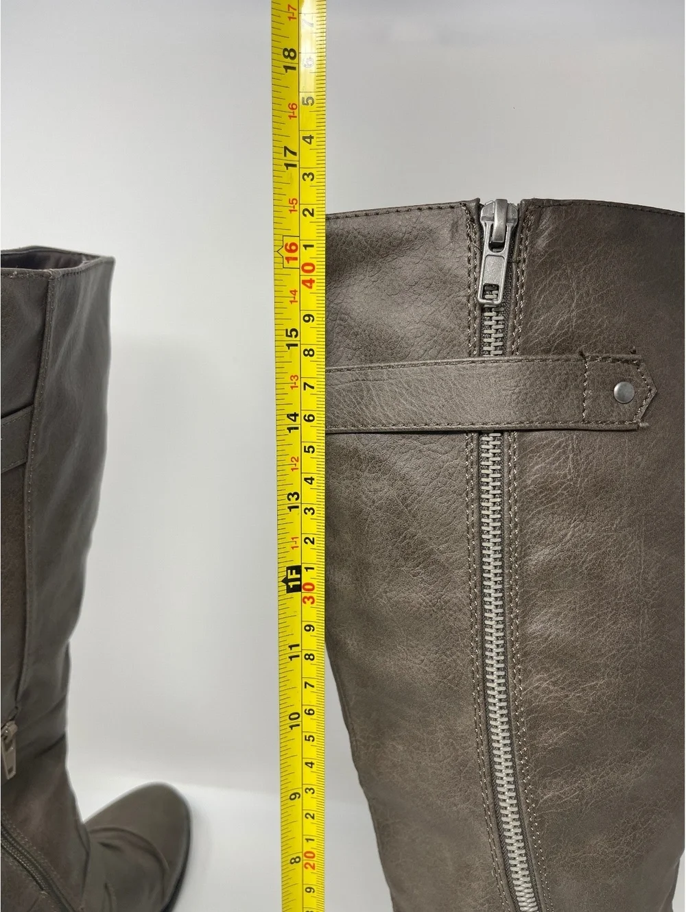 Women's Knee High Riding Boots Grey Faux Leather Buckle Slouch Flat Zip Size